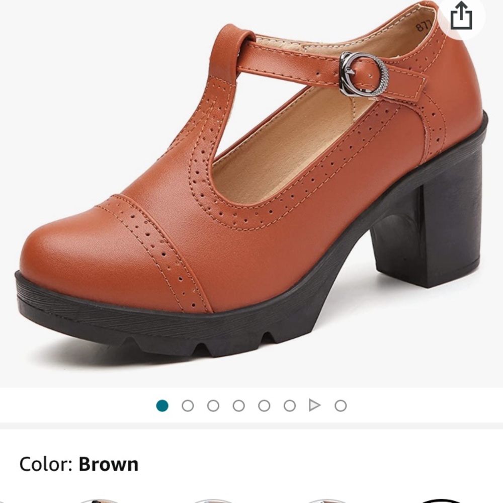 DADAWEN Women's Leather Classic T-Strap Platform Chunky Mid-Heel Mary Jane